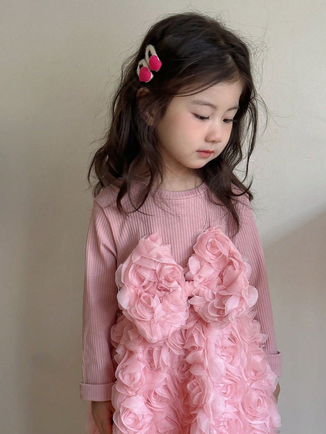 Young Girl'S Long Sleeve Dress with 3D Flower Detail