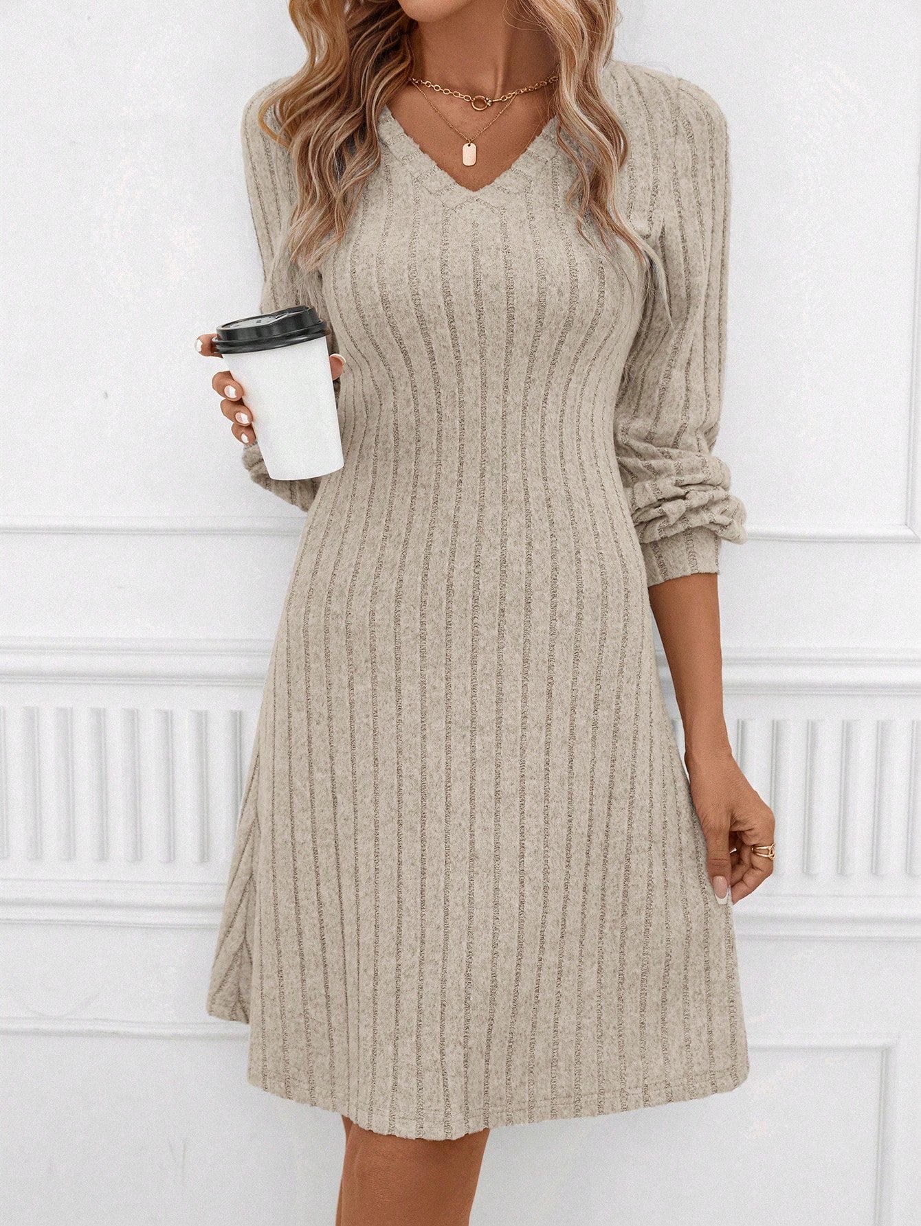 SHEIN Clasi Solid V Neck Ribbed Knit Dress