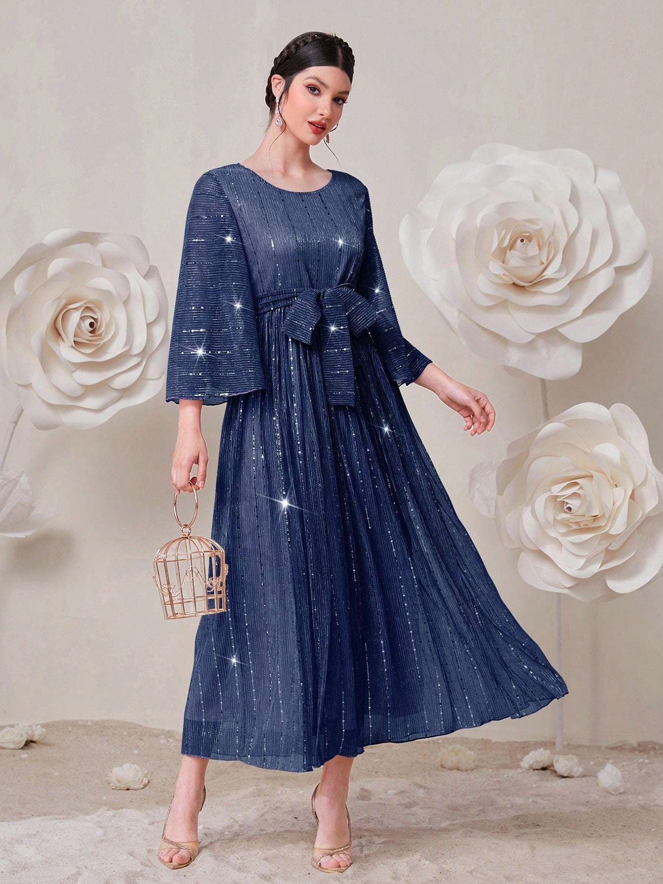 SHEIN Modely Women'S Patchwork Glitter Waist Belted Dress