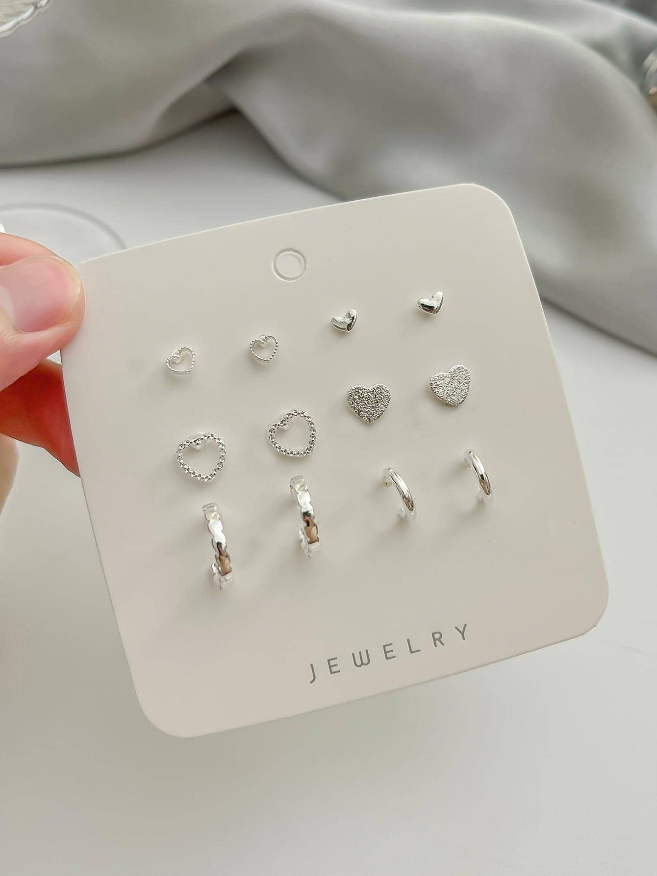 6Pair/Set Silver Plated Simple Heart and C Shape Stud Earrings for Women Gifts for Mom or Girlfriend