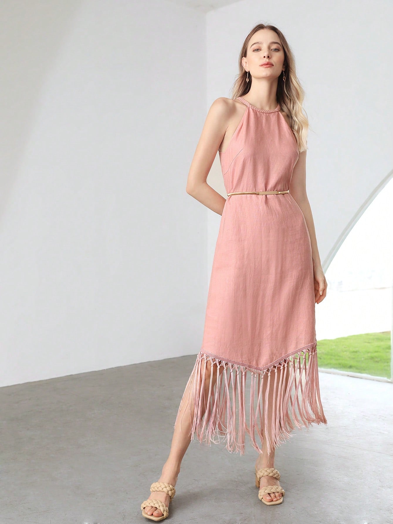 MOTF X Nour PREMIUM PURE LINEN FRINGE HALTER DRESS without BELT