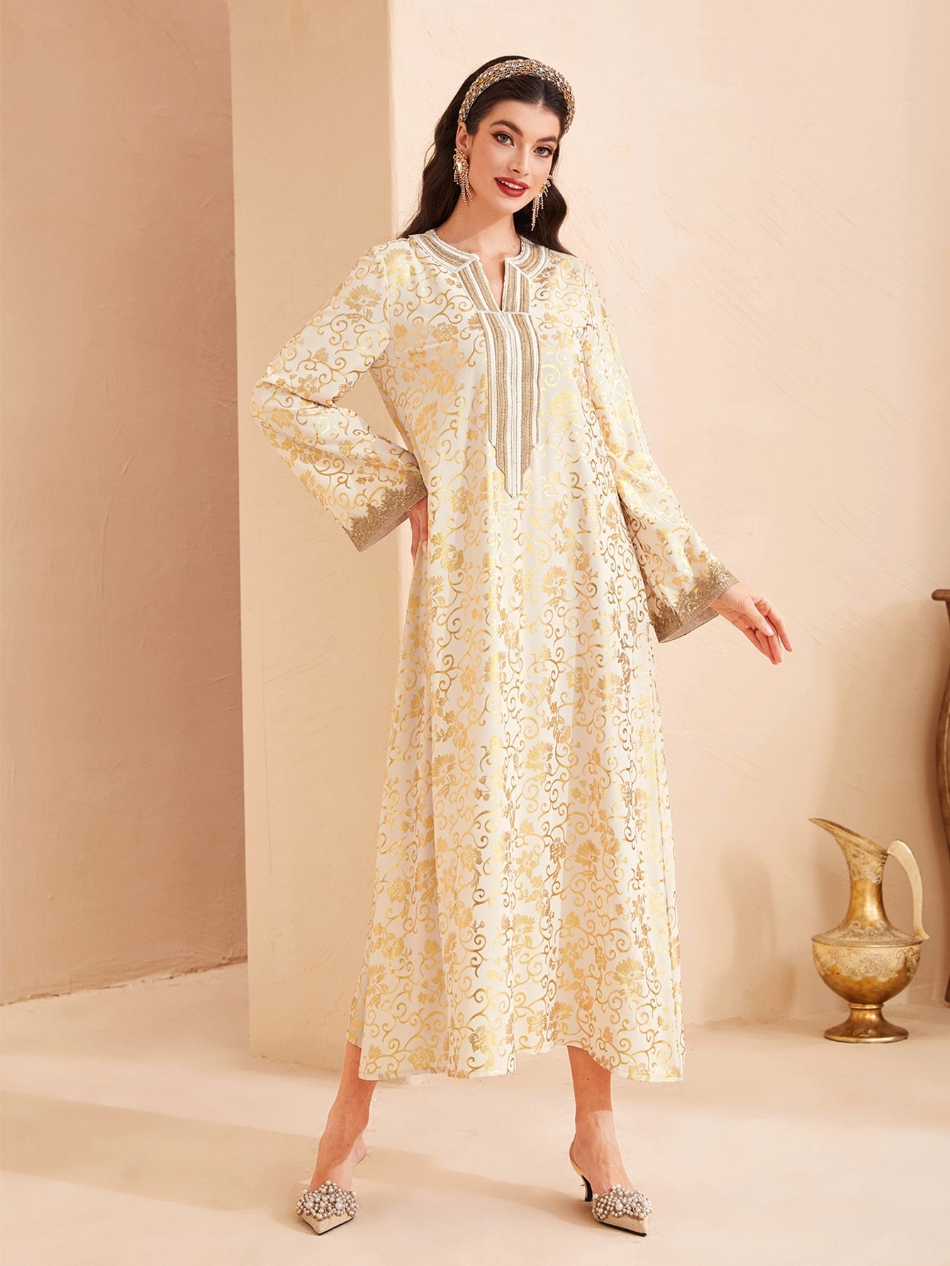 SHEIN Najma Allover Print Notched Neckline Contrast Tape Detail Dress