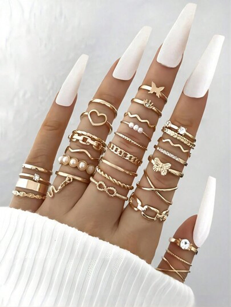 22-Piece Set of Love Butterfly Figure Eight Spiral Cross Imitation Pearl Ring Set for Ladies Date Holiday Gift