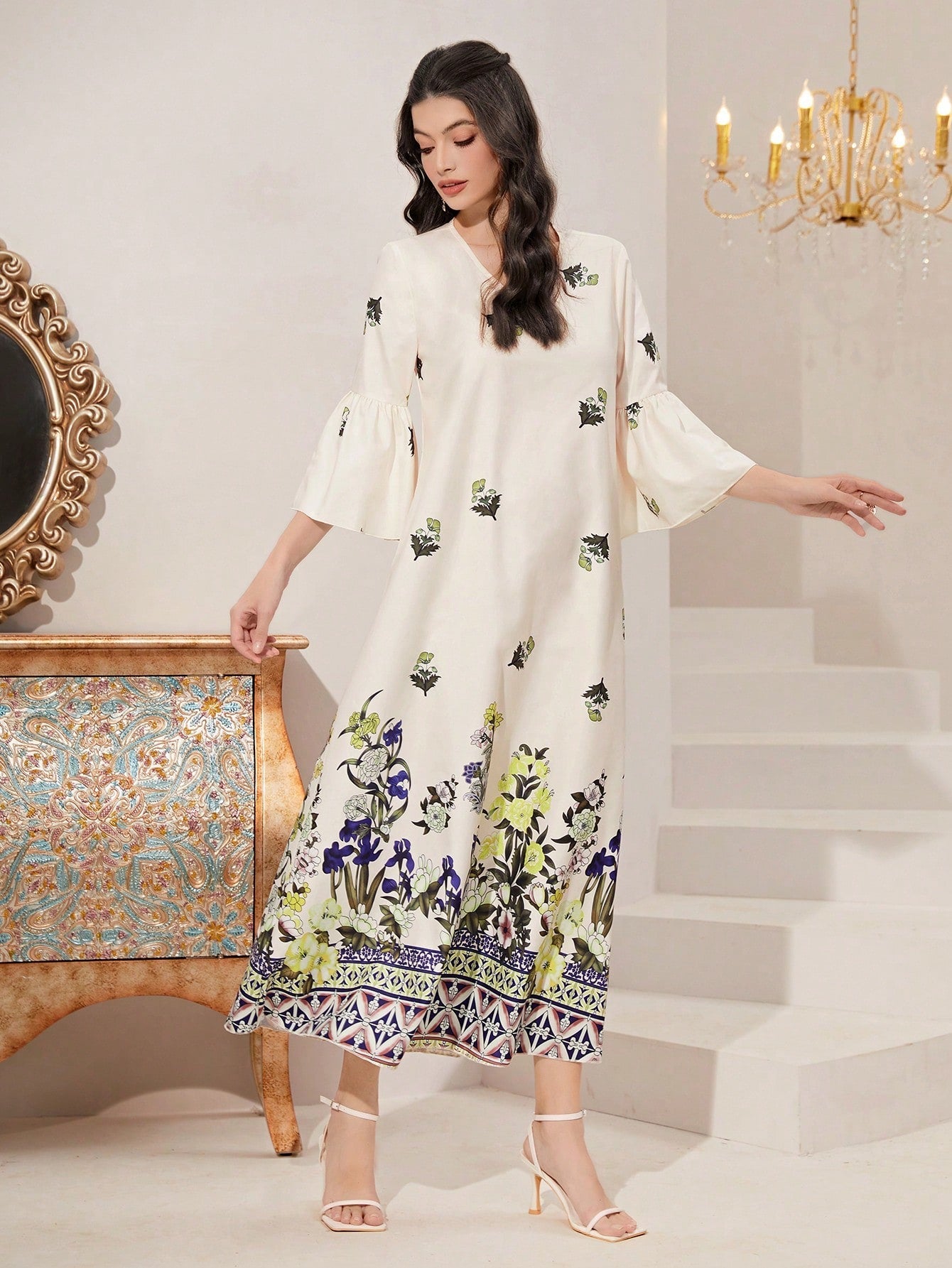 SHEIN Najma Floral Print Flounce Sleeve Dress