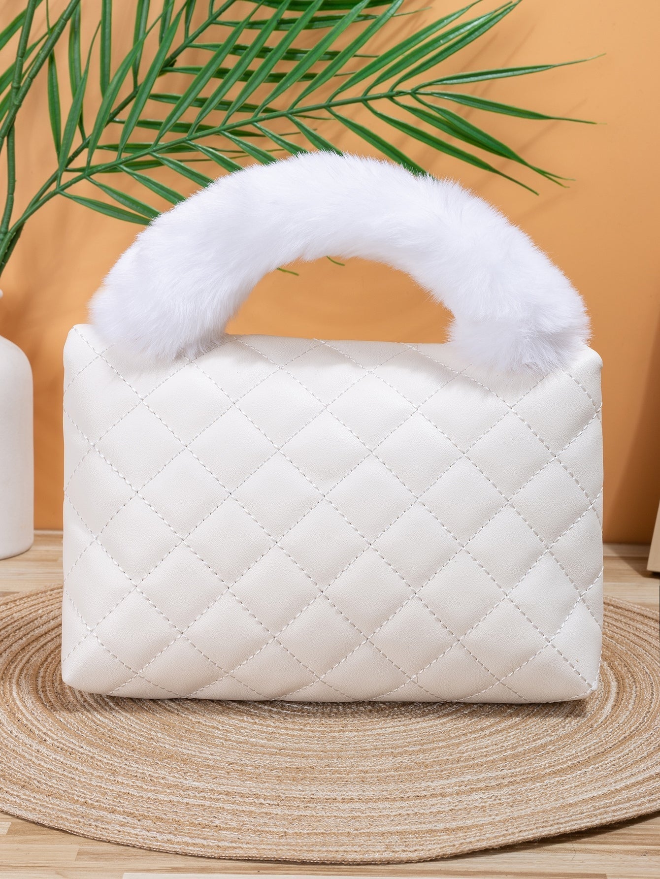 Fluffy Fluffy Handle Quilted Flap Square Bag for Girls