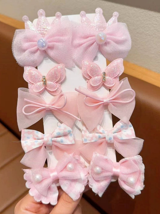 10Pcs/Set Girls' Sweet Crown, Butterfly & Faux Pearl Decor Hair Clip Set