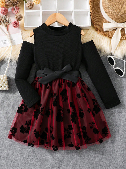 Girls' Embroidery Floral Design Dress with Hollow Out Sleeves and Mesh Splice, Suitable for Elegant Style in Fall/Winter Season