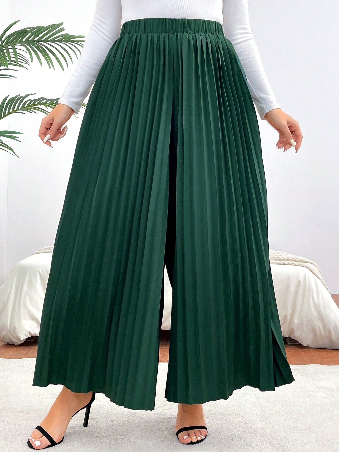 SHEIN Privé plus Size Elastic Waist Puff Pleated Wide Leg Pants