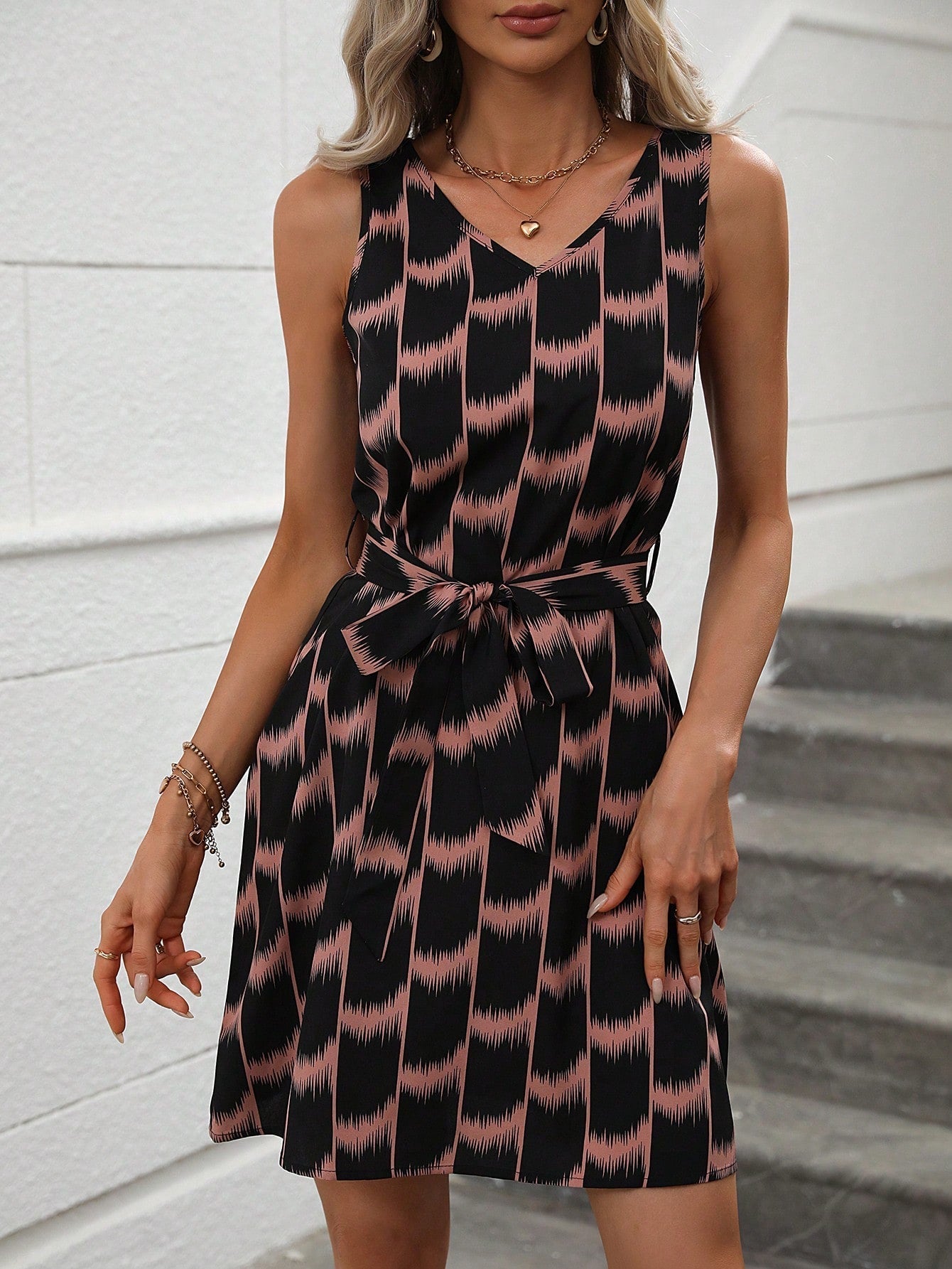 Allover Print Belted Dress