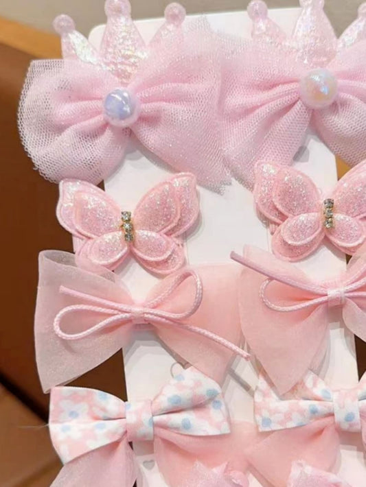 10Pcs/Set Girls' Sweet Crown, Butterfly & Faux Pearl Decor Hair Clip Set