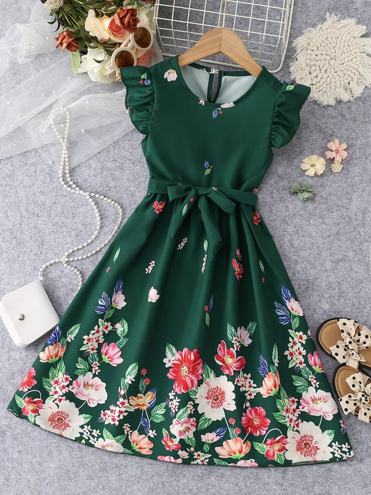 SHEIN Kids EVRYDAY Tween Girl Floral Print Ruffle Trim Belted Dress