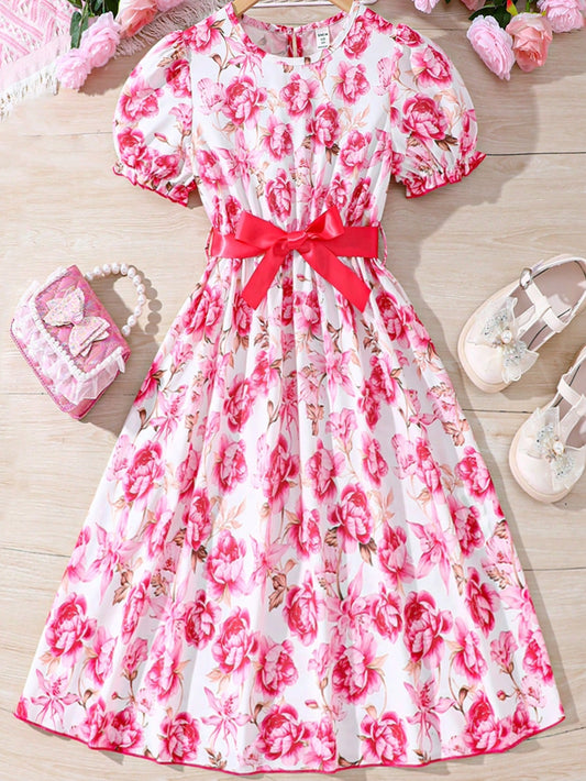 SHEIN Kids FANZEY Girls' Romantic Floral Print Dress with Waist Belt, for Tween