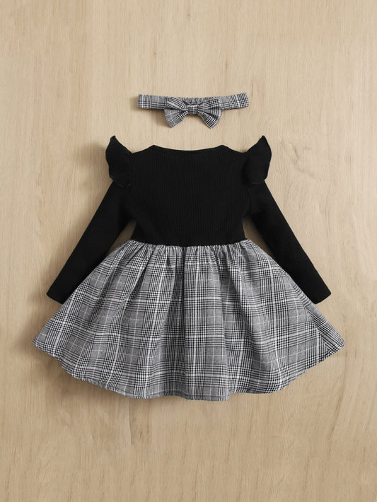 SHEIN Baby Girl Plaid Print Ruffle Trim Bow Front Dress with Headband