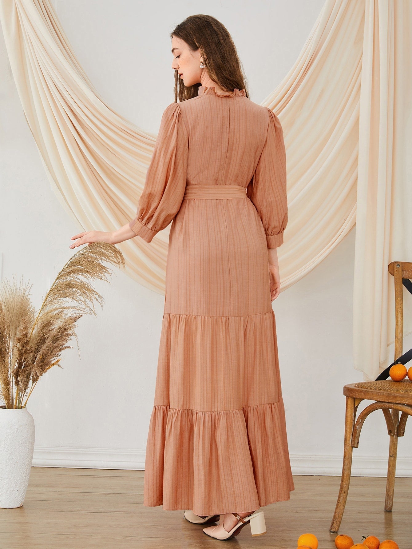 SHEIN Mulvari Fringe Detail Flounce Hem Smock Dress