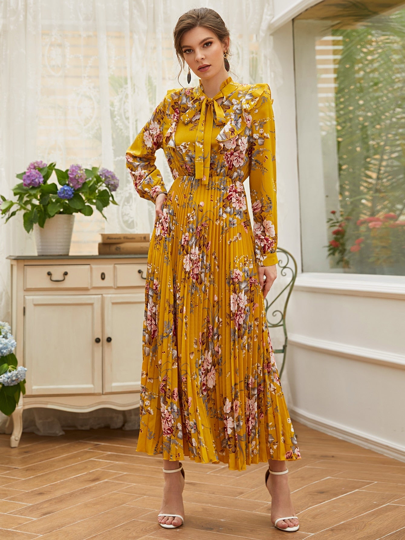 SHEIN Mulvari Tie Neck Allover Floral A-Line Dress
