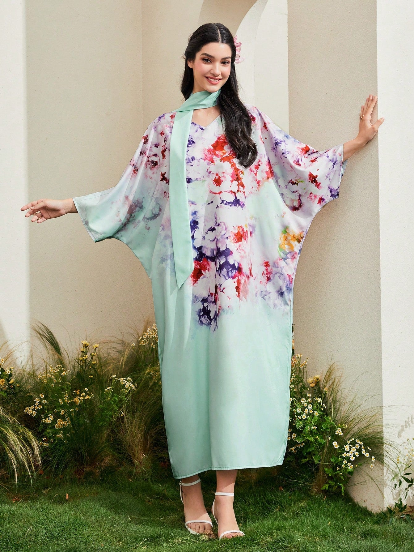SHEIN Najma Floral Print Batwing Sleeve Dress with Scarf