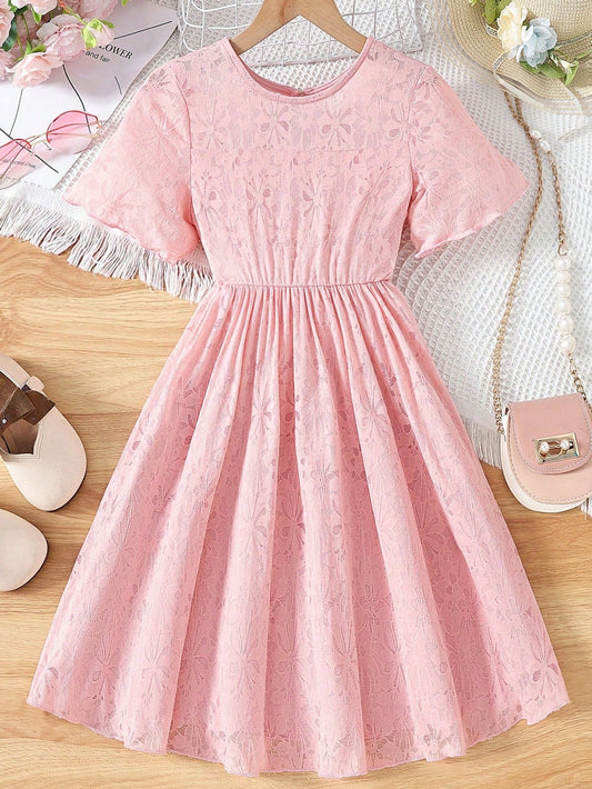 Tween Girls' Gentle Fairy Lace Pink Short Sleeve Dress