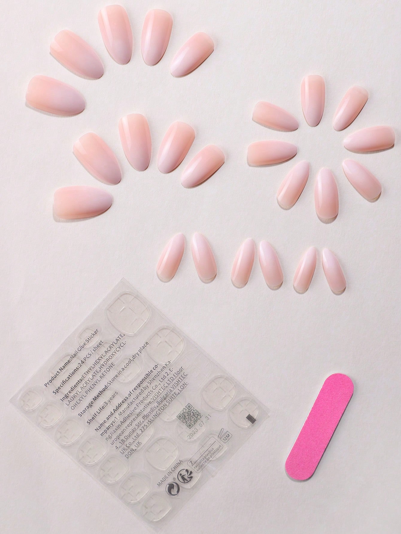 24Pcs/Set Gradient Milky White Almond-Shaped Nail Stickers with 1Pc Nail Buff and 1Pc Jelly Gel