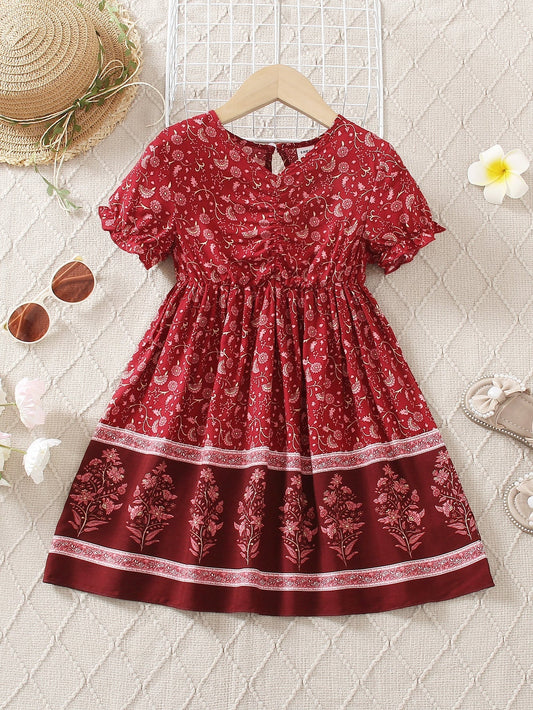 SHEIN Kids EVRYDAY Young Girl Floral Print Ruched Flounce Sleeve Dress