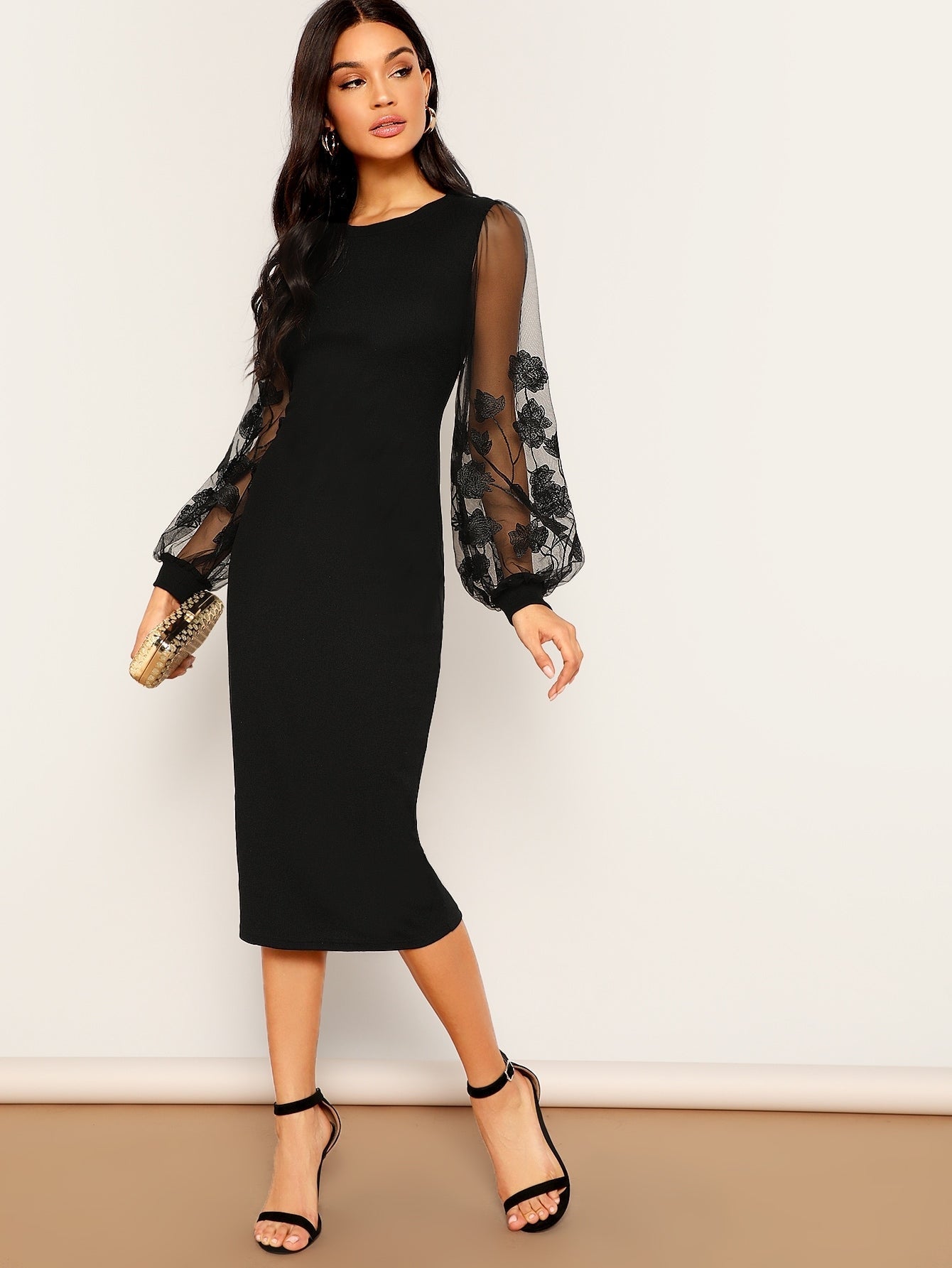 SHEIN Modely Embroidery Mesh Insert Bishop Sleeve Fitted Dress