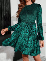 SHEIN Clasi Puff Sleeve Ruffle Hem Velvet Dress