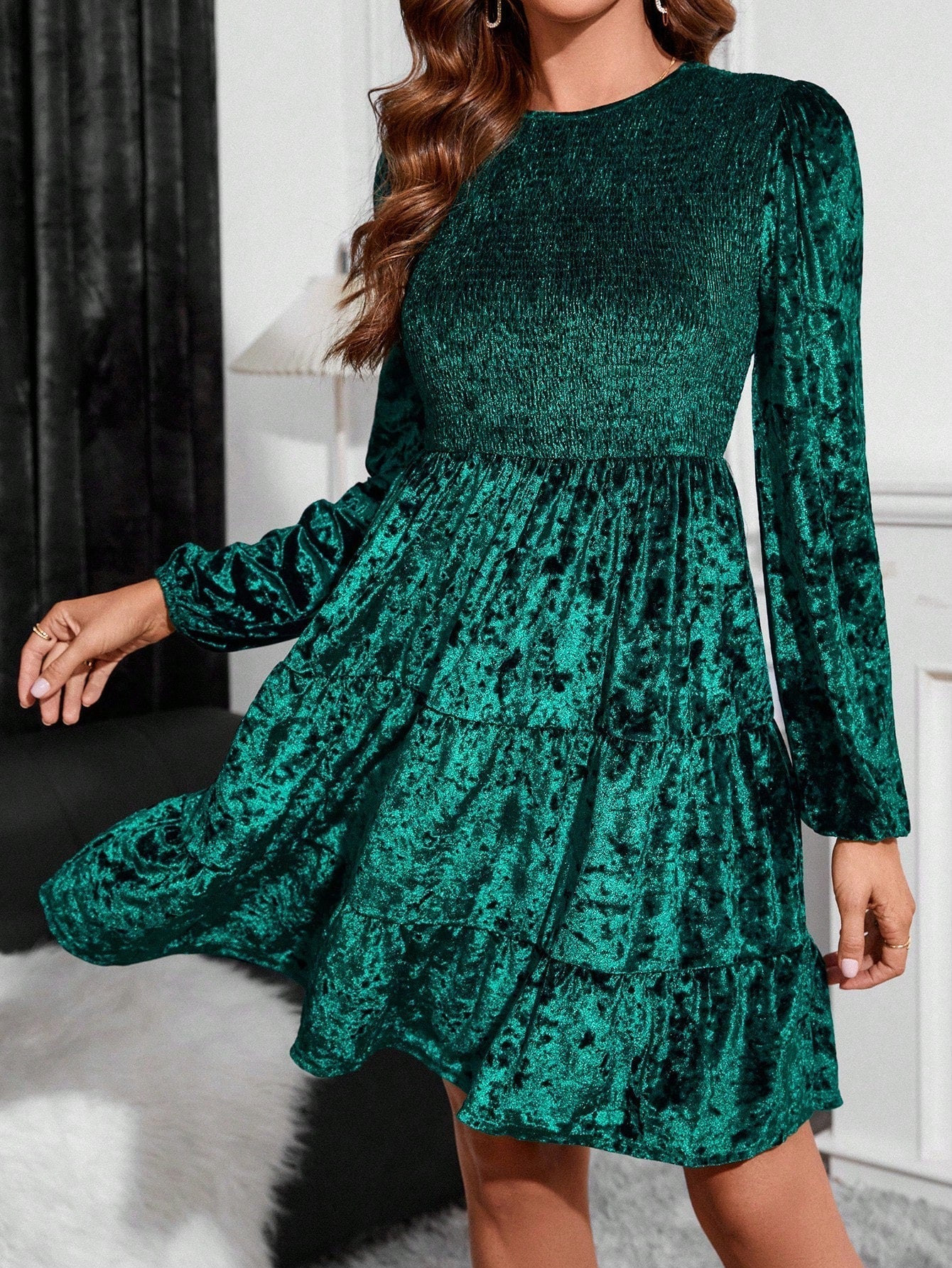 SHEIN Clasi Puff Sleeve Ruffle Hem Velvet Dress