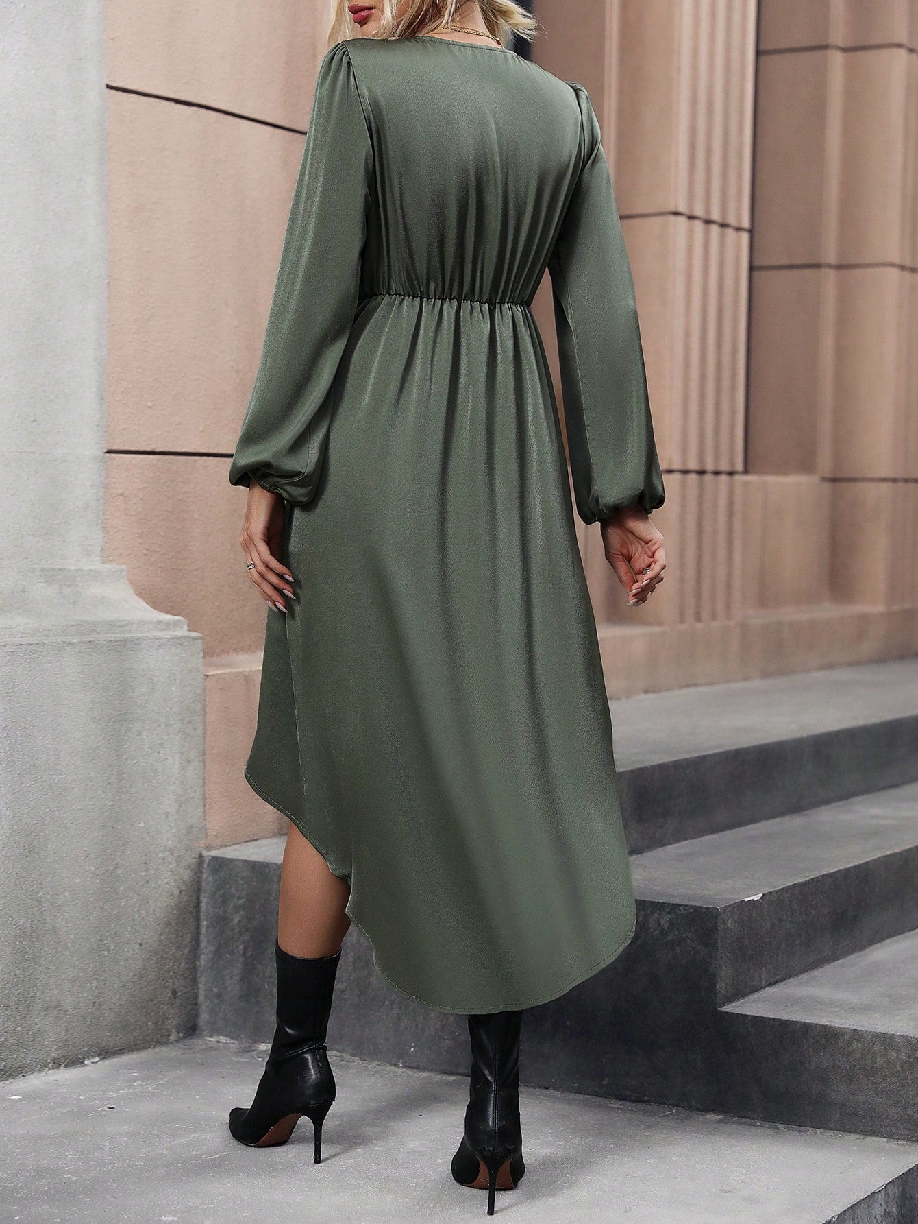Surplice Neck Lantern Sleeve Belted Dress