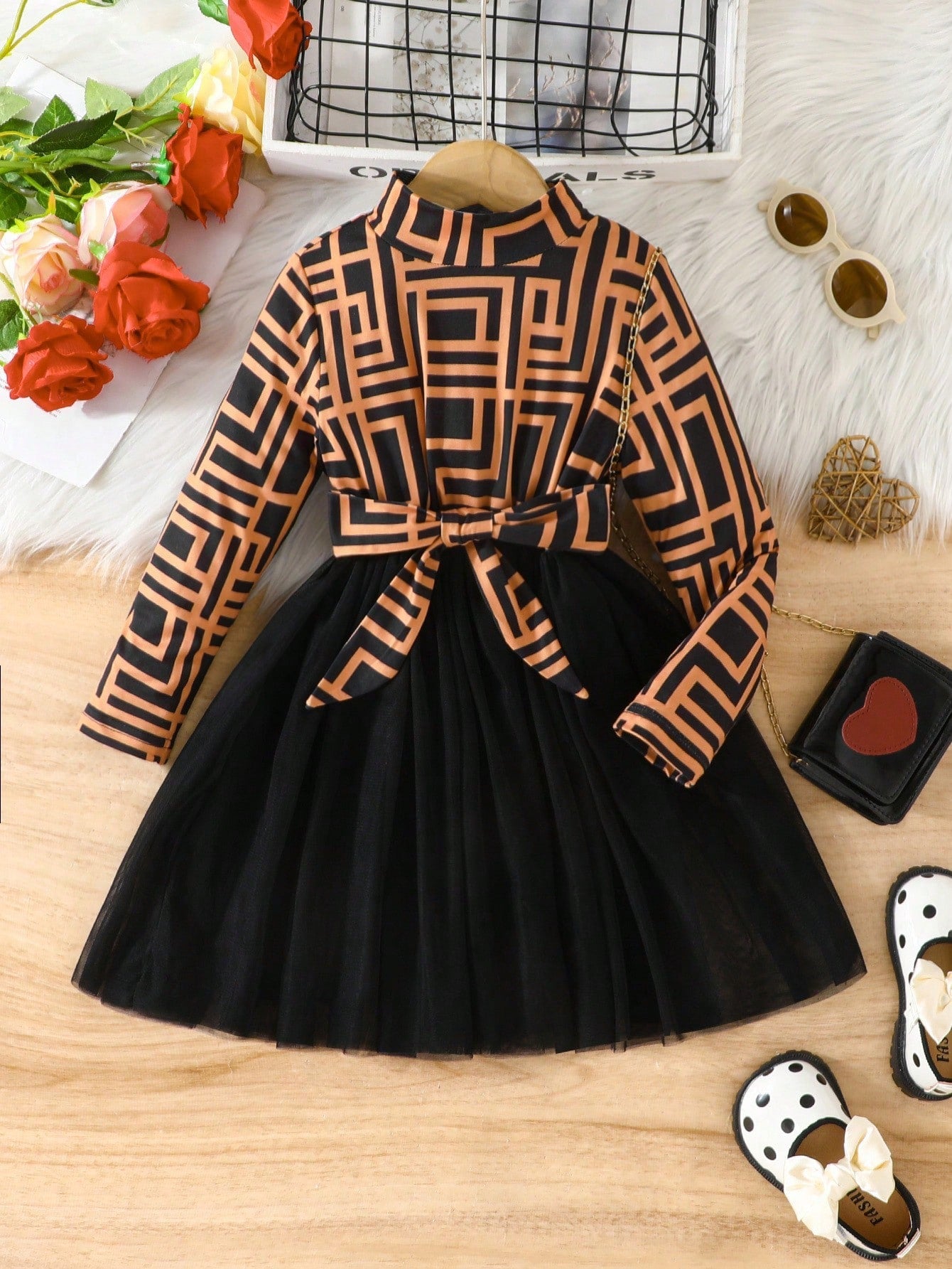 SHEIN Kids CHARMNG Young Girls' Romantic Mesh Splice Full Printed Long Sleeve Dress, Fall and Winter