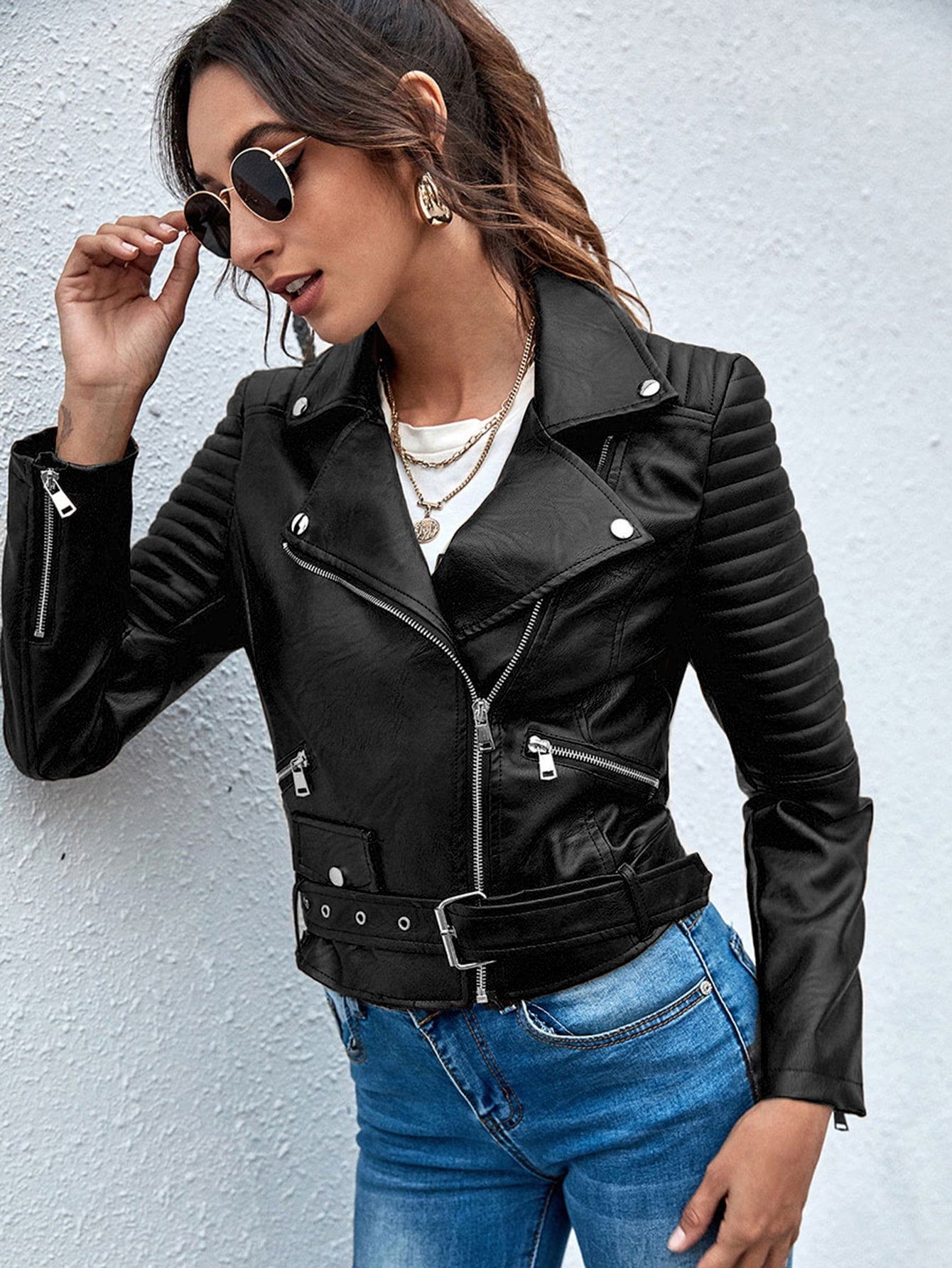 SHEIN Essnce Lapel Collar Belted Zip up PU Moto Jacket