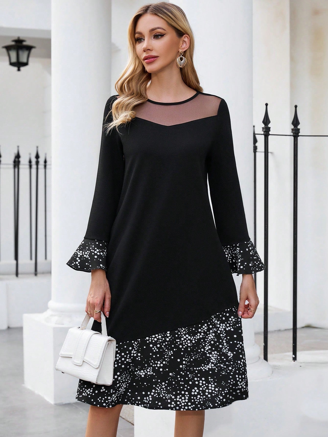 EMERY ROSE Women'S Polka Dot Decorated Long Sleeve Dress