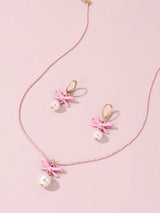 3Pcs/Set Girls' Pearl Necklace with Bowknot Pendant, 1 Pair of Earrings and 2Pcs Sweet Daily Accessories