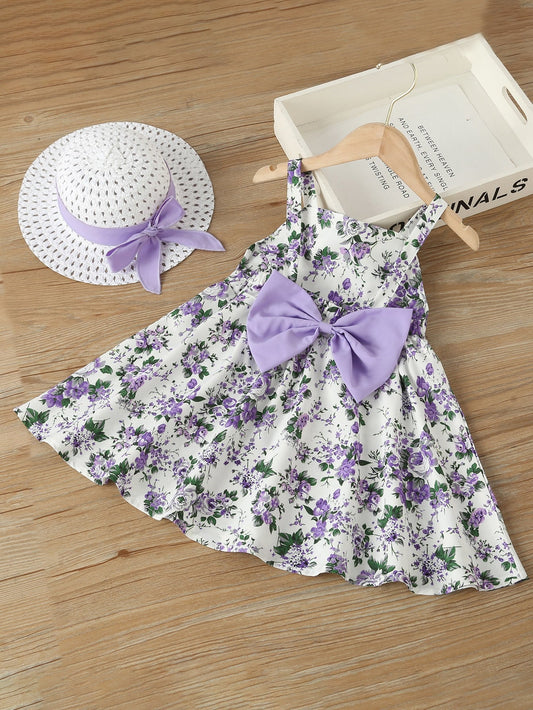SHEIN Kids EVRYDAY Young Girl Floral Bow Back Dress with Hat