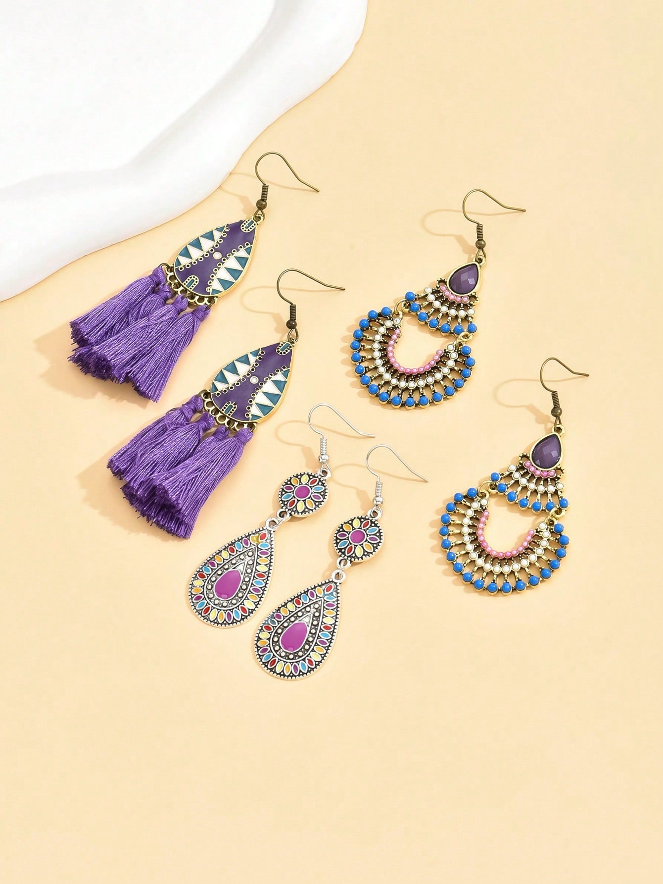 6Pcs/Set Vintage Tassel Combination Earrings for Women Bohemian Style Irregular Vacation Ear Jewelry