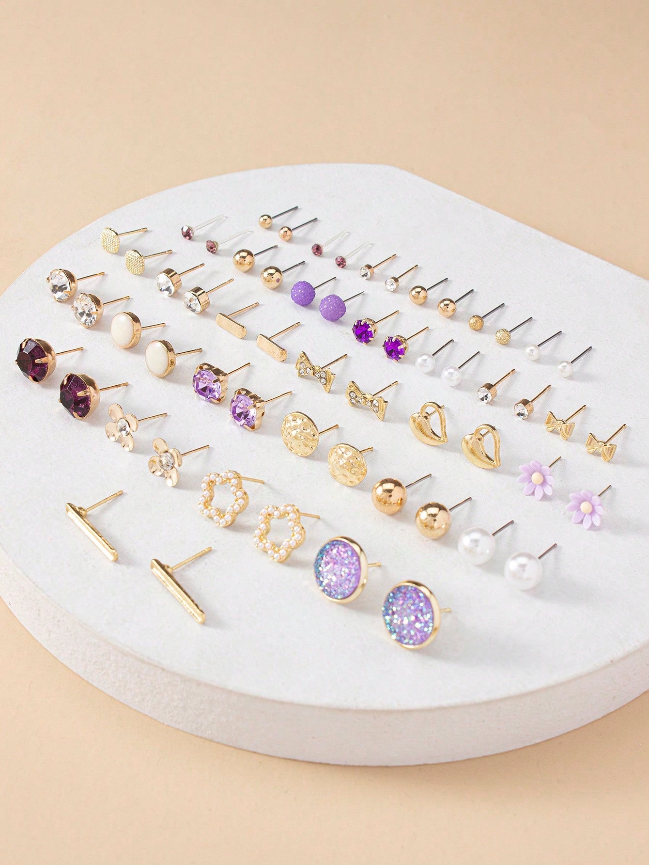 30 Pairs/Set Exquisite Simple Faux Pearl Flower Heart Bowknot Shaped Women'S Dating Earrings Gift Set