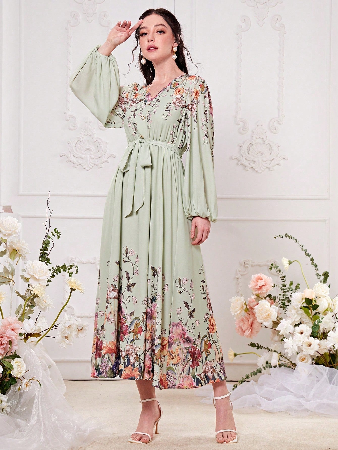 SHEIN Modely Floral Print Lantern Sleeve Belted Dress