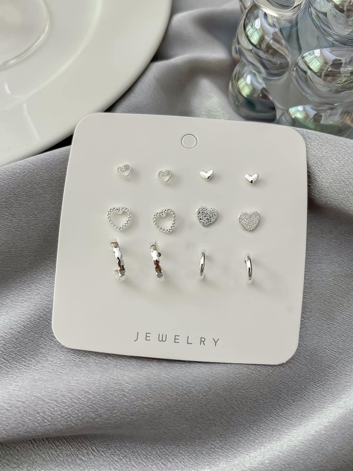 6Pair/Set Silver Plated Simple Heart and C Shape Stud Earrings for Women Gifts for Mom or Girlfriend