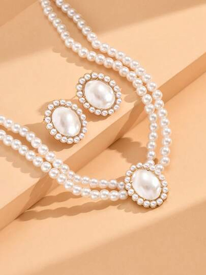 2Pcs Jewelry Set Including 1Pc Pearl Necklace & 1Pair Earrings, Vintage Style Elegant Necklace with Granny Green Stone Women'S Set(2-3Pcs/Set), Also Can Be Sold Separately