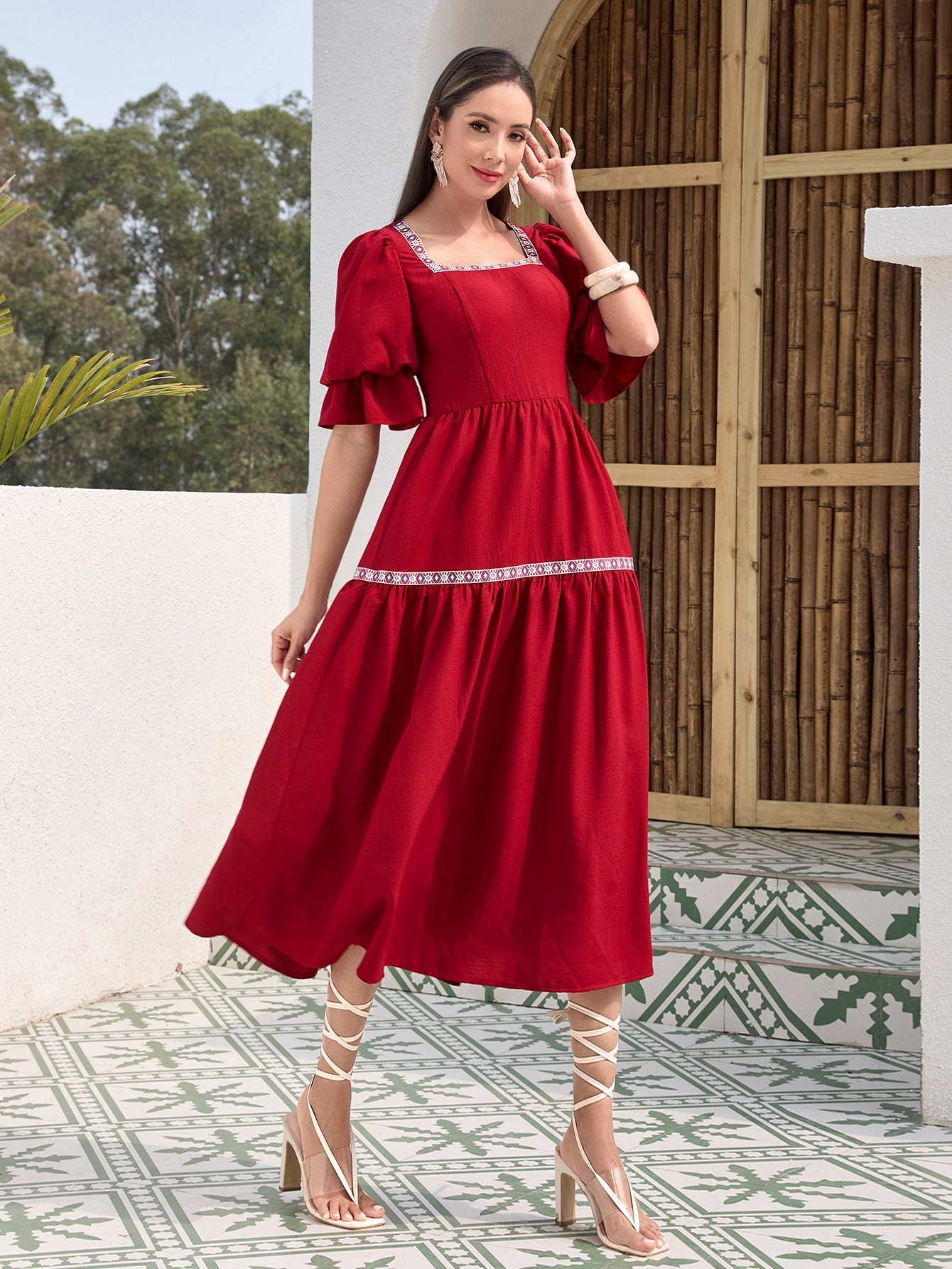 SHEIN Mulvari Square Neck Flounce Sleeve Ruffle Hem Dress