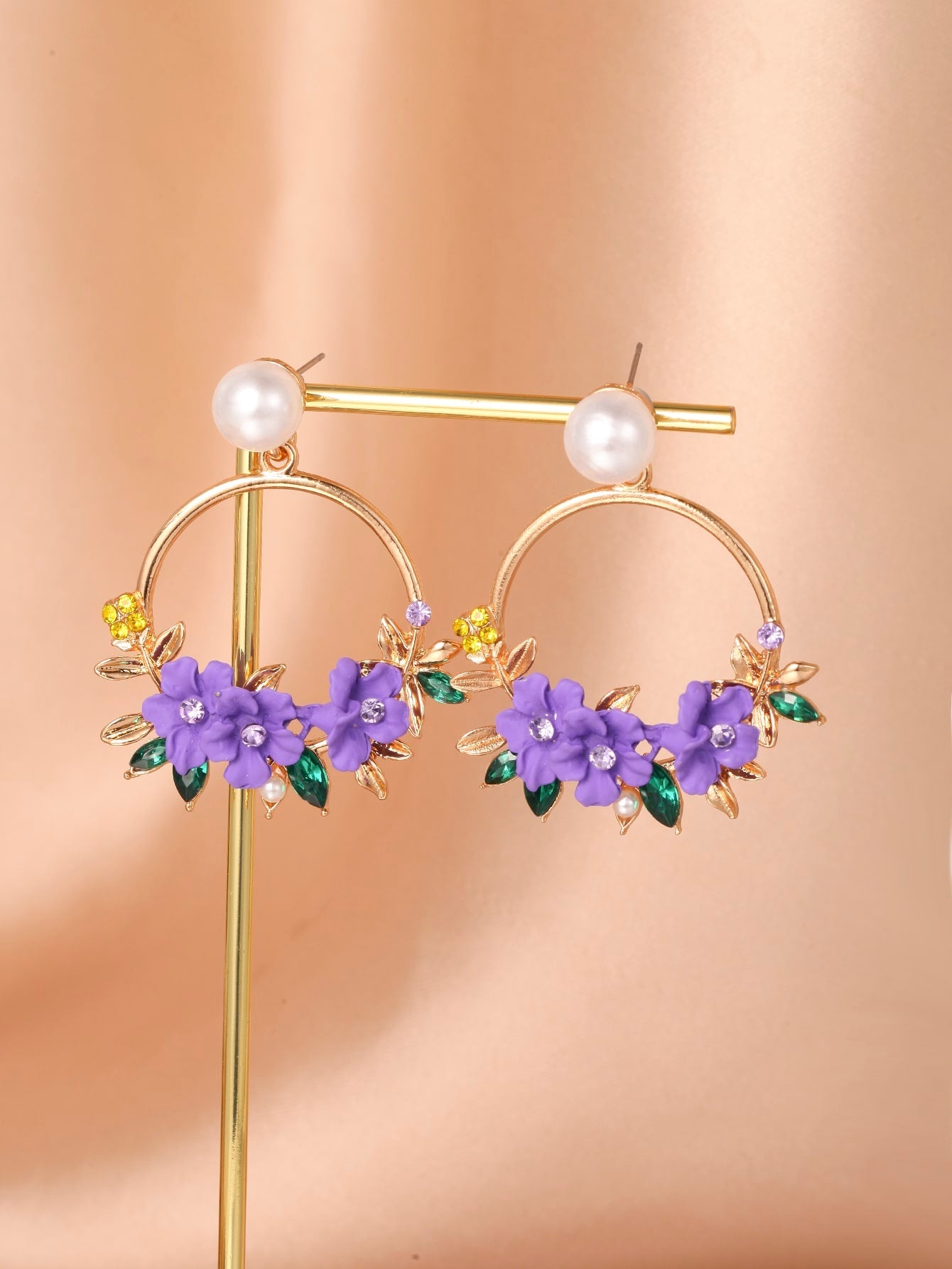Rhinestone & Flower Decor Circle Drop Earrings