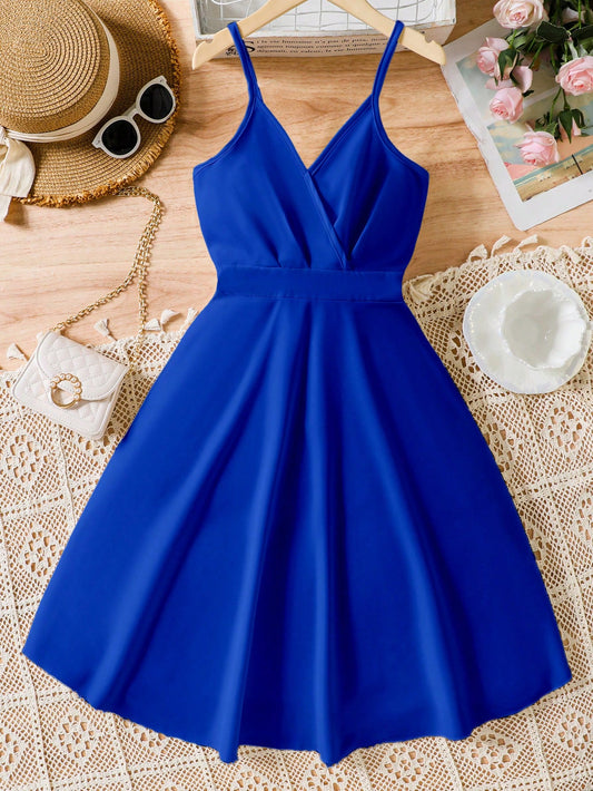 Teen Girls Solid Surplice Front Cami Dress