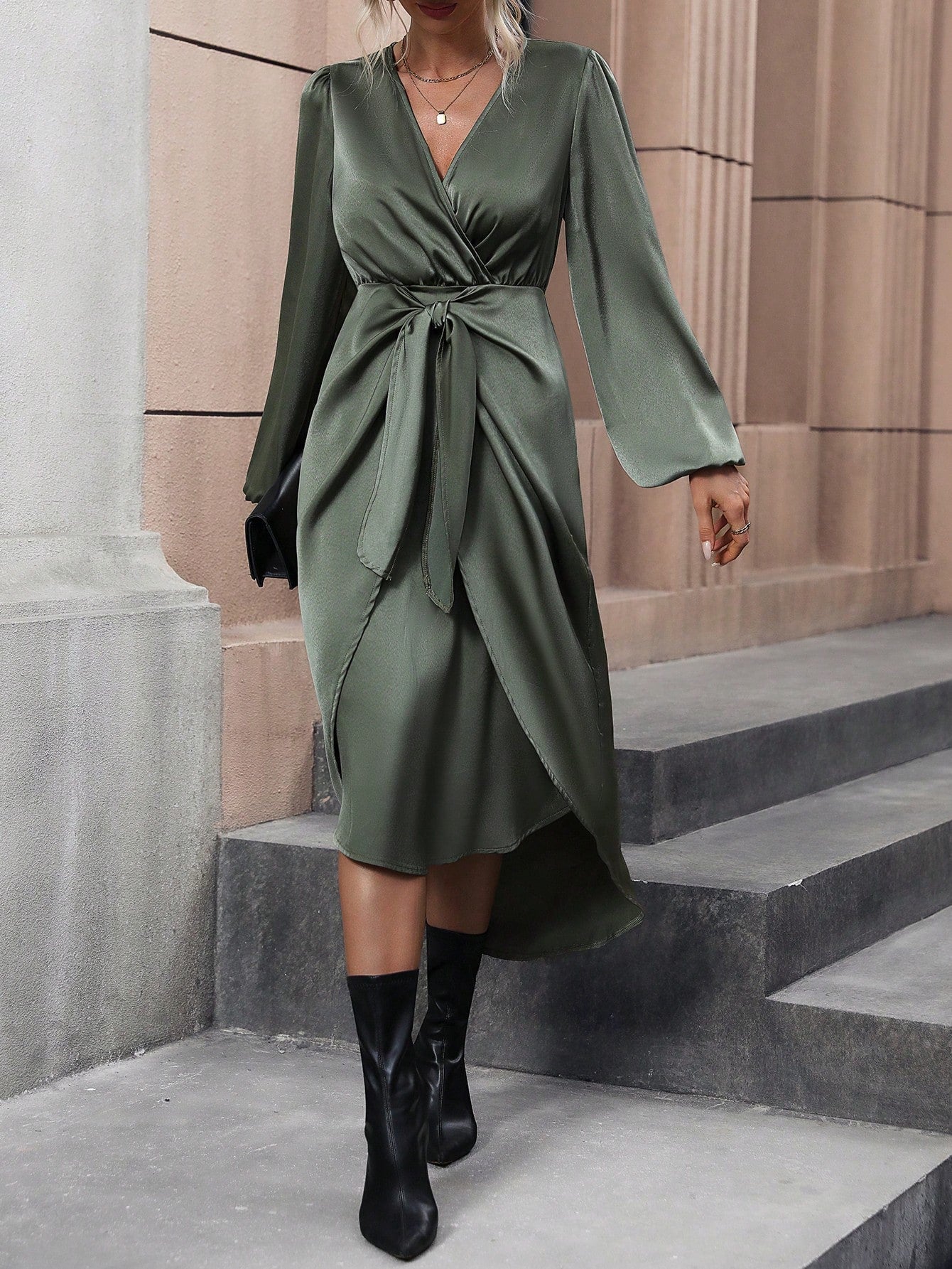 Surplice Neck Lantern Sleeve Belted Dress