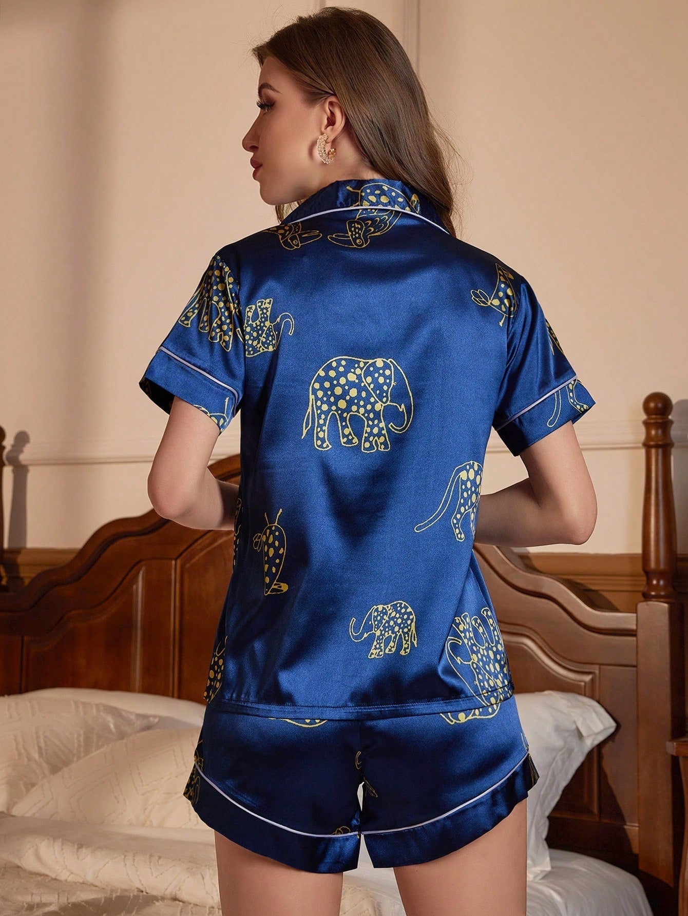 Women'S Elephant Pattern Contrast Trim Rolled Sleeve Casual Comfortable Sleepwear Set