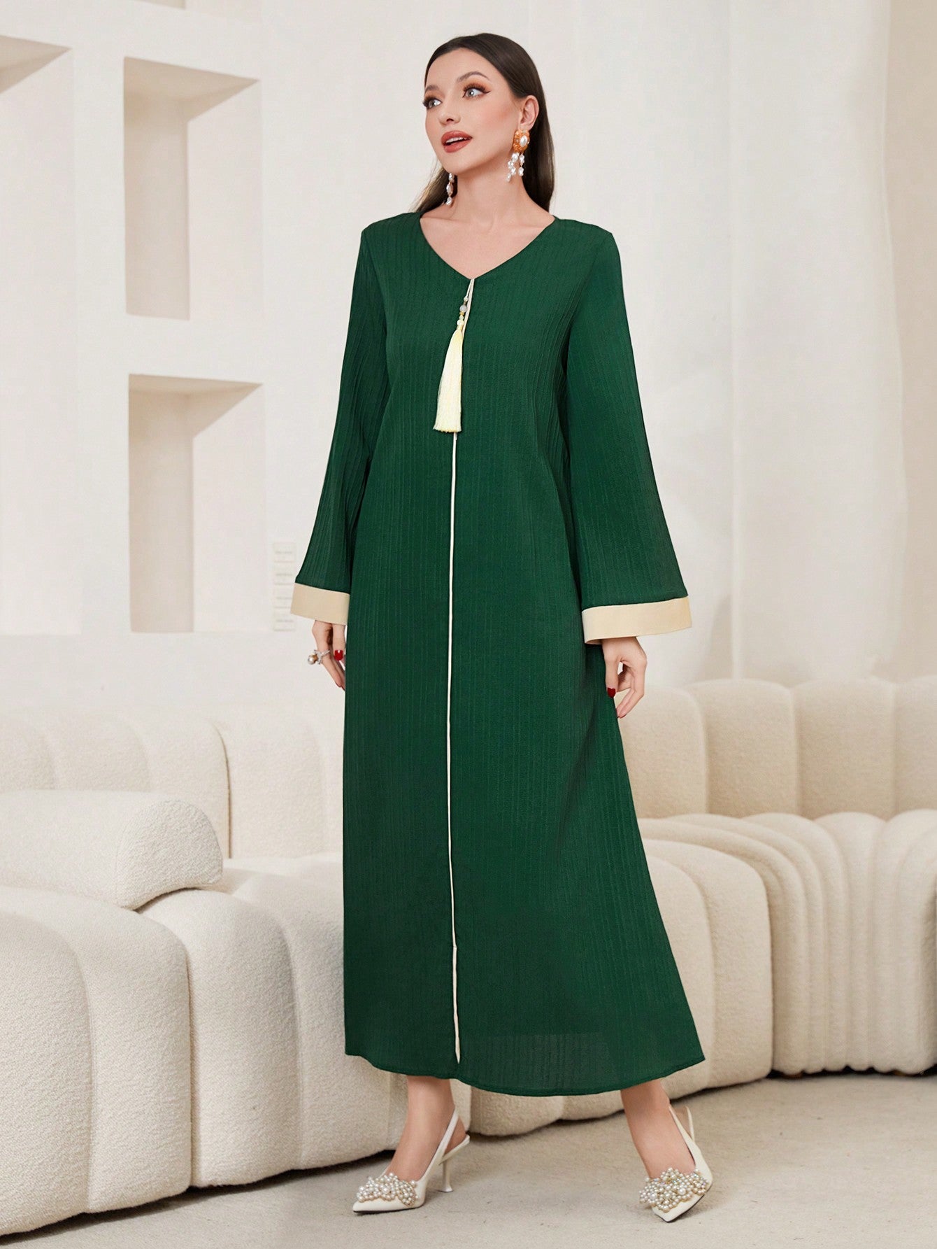 SHEIN Najma Green V-Neck Contrast Binding Dress