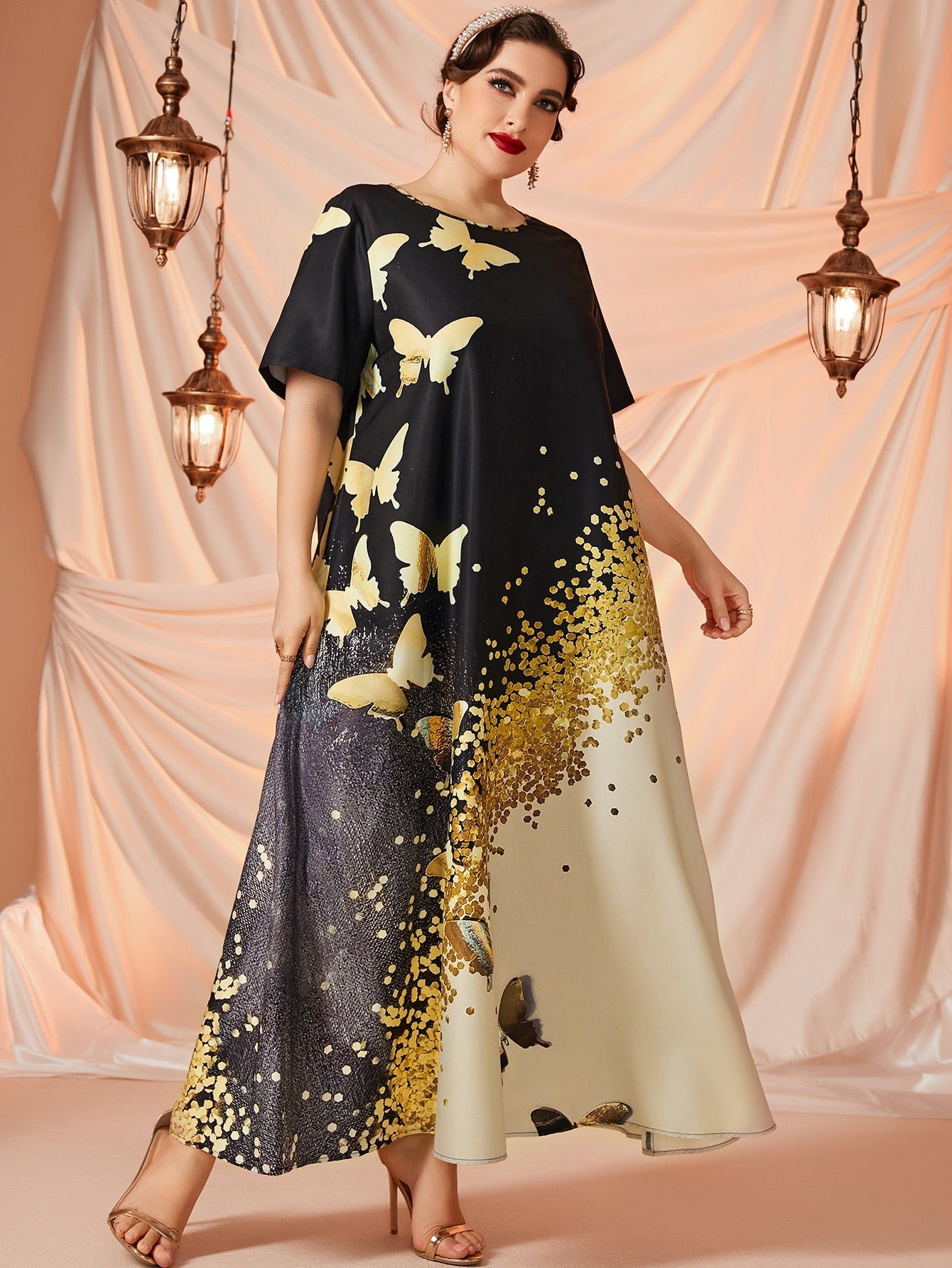 SHEIN Najma plus Gold Butterfly Print Maxi Tunic Dress