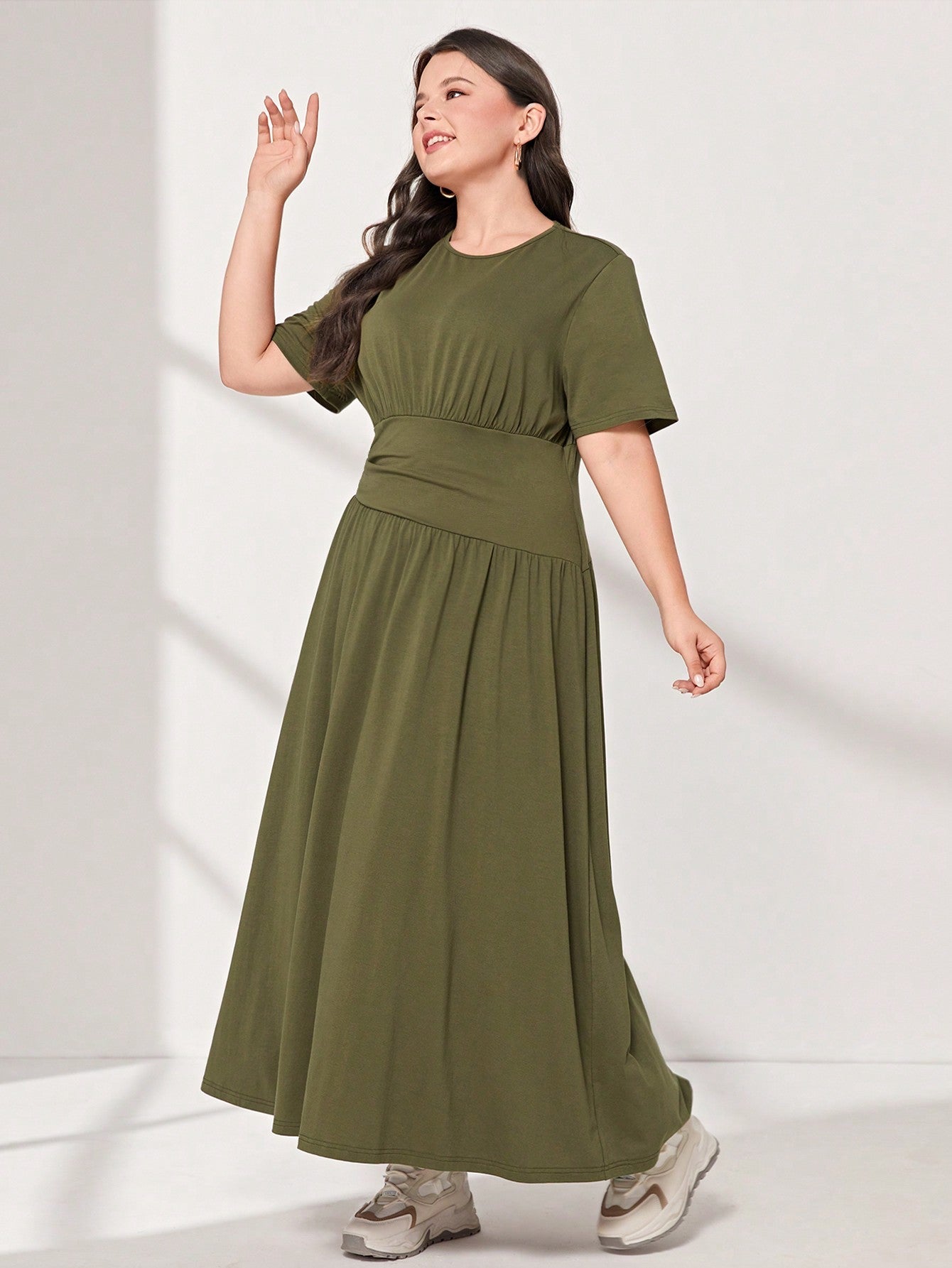 SHEIN Mulvari plus Cotton Solid Ruched Waist Dress