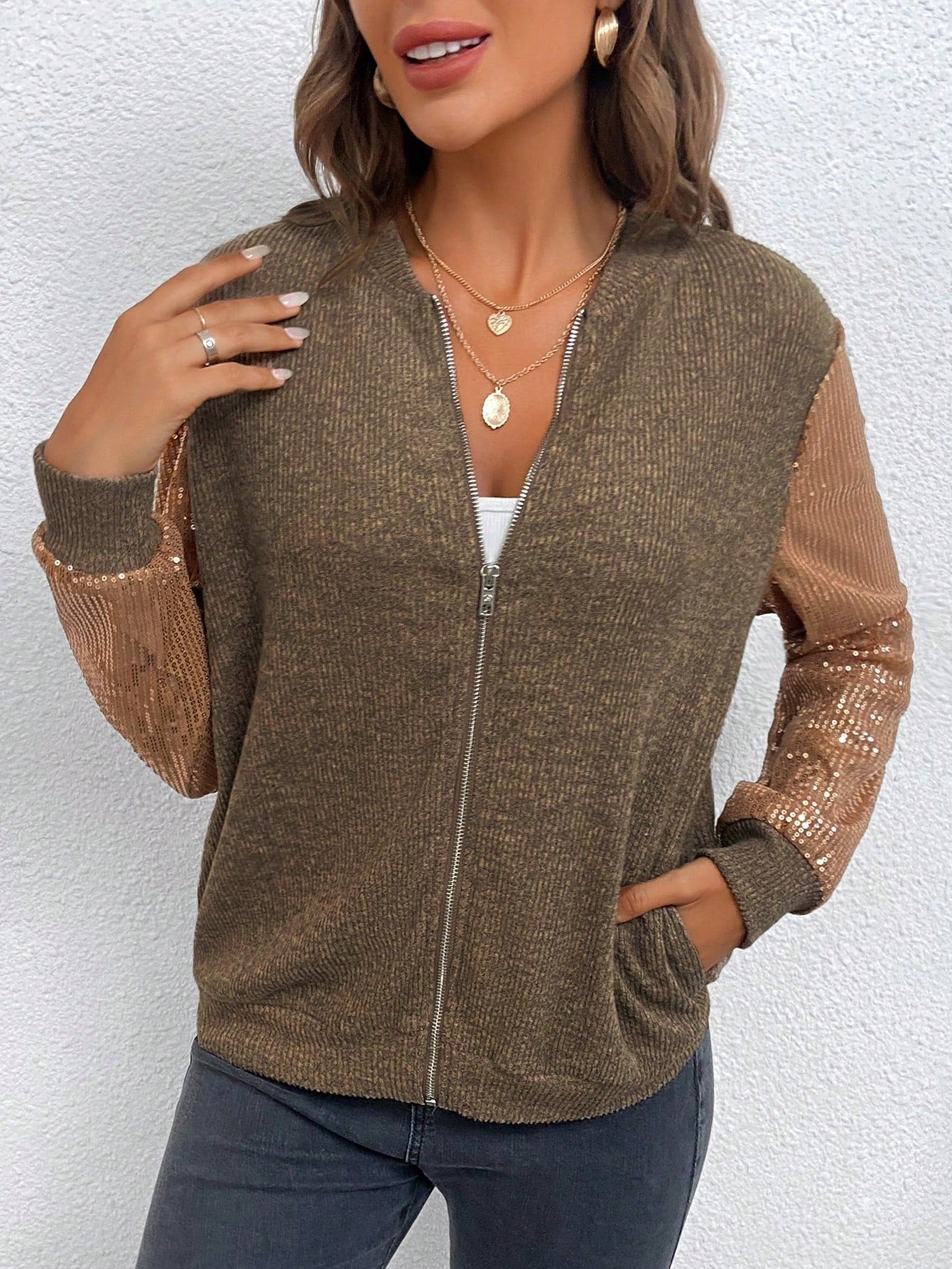 SHEIN LUNE Contrast Sequin Zip up Bomber Jacket