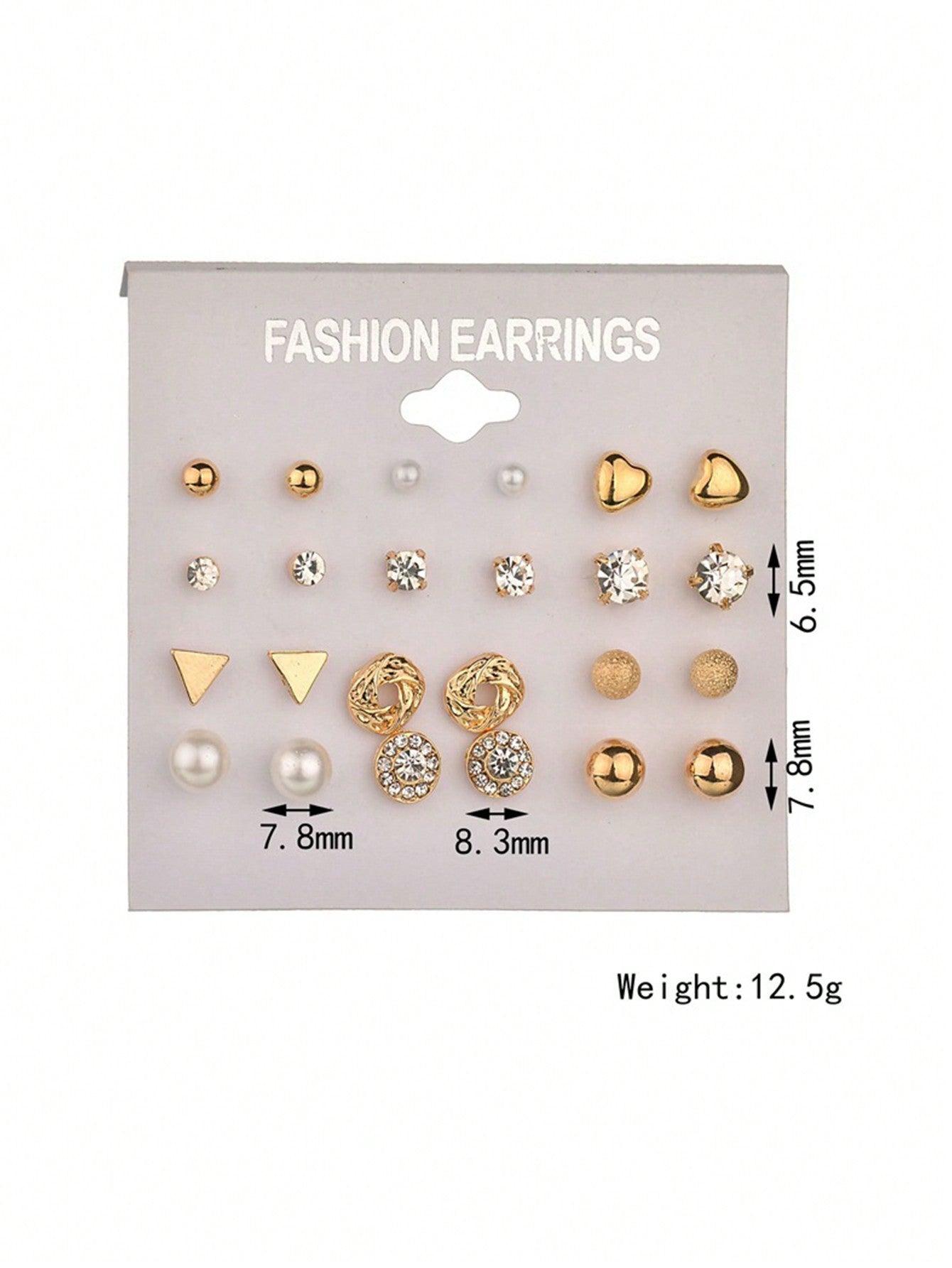 12Pairs/Set Heart Shaped Diamond with Pearl Decor Stud Earrings Set, Simple Gold Color Earrings Suitable for Girls
