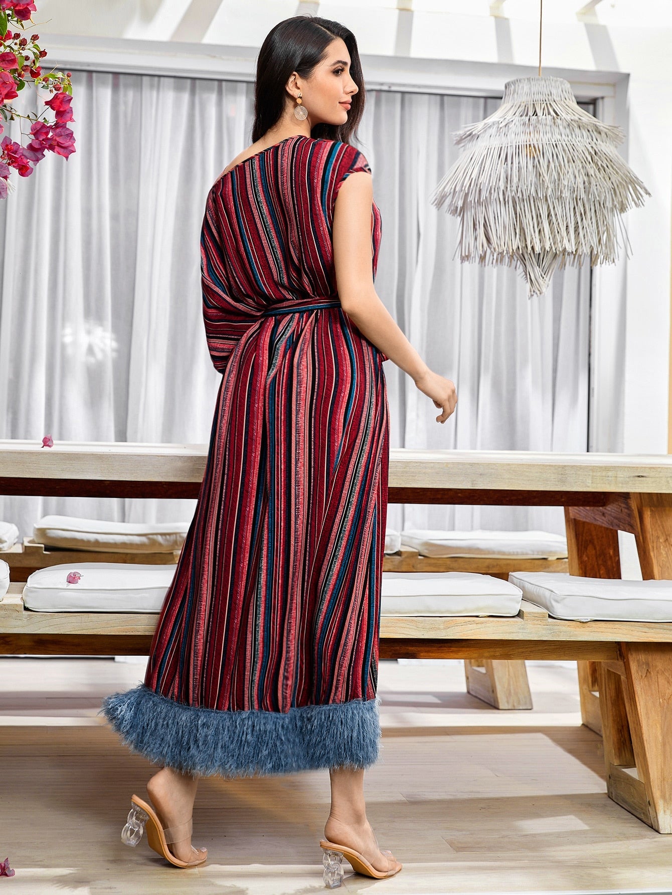 SHEIN Modely Striped Print Asymmetrical Neck Fringe Hem Belted Dress