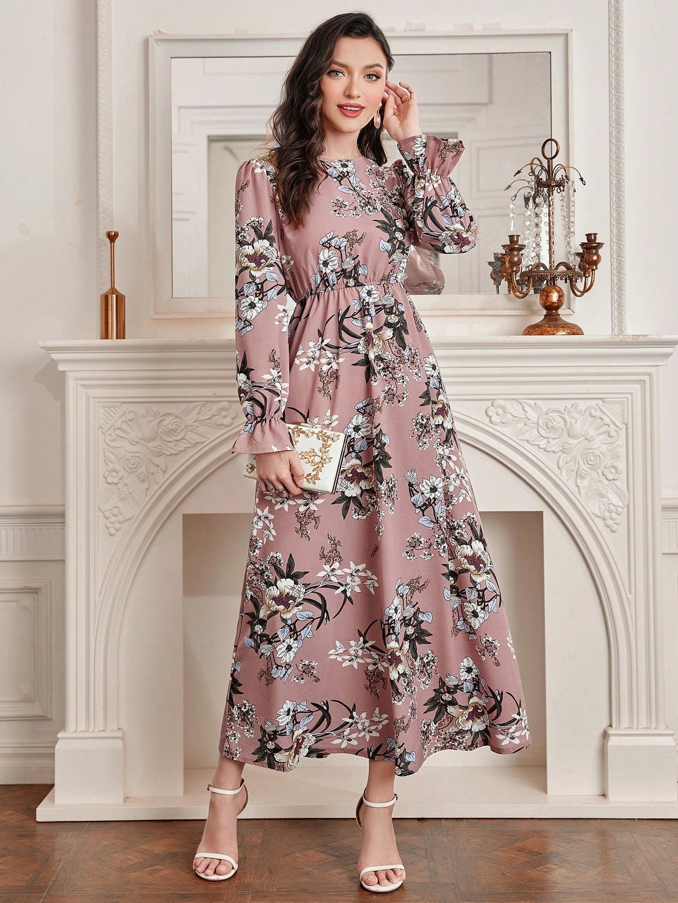 SHEIN Mulvari Floral Print Flare Sleeve Dress