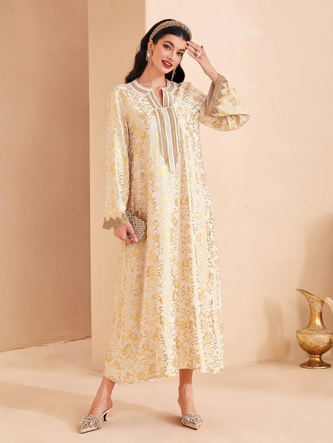 SHEIN Najma Allover Print Notched Neckline Contrast Tape Detail Dress